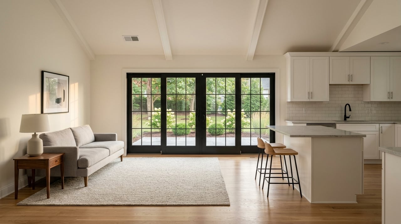 Open-plan living room and kitchen with multipane doors in late-afternoon light.
