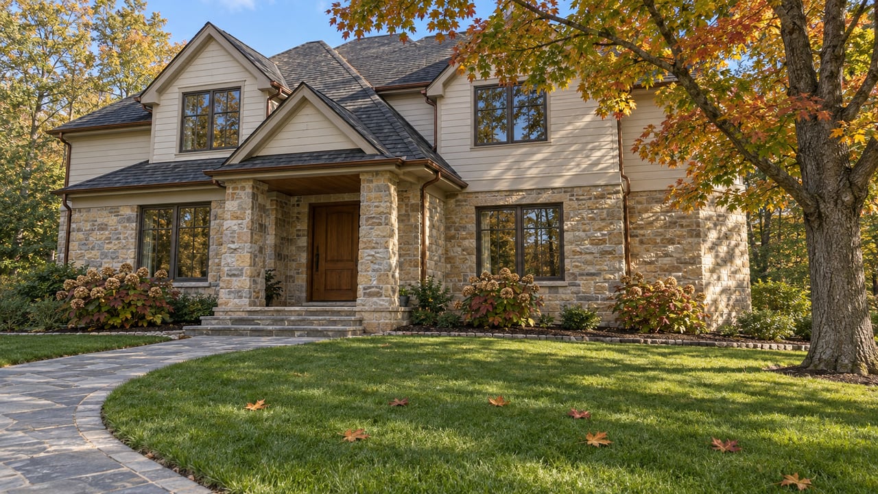 A stone-and-cream-sided home beyond a deep lawn, with amber maple foliage, broad stone entry steps and charcoal gabled roofs.