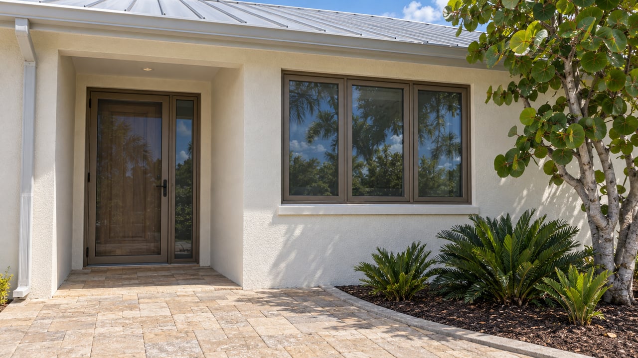 Coastal home's cream stucco entrance, bronze-framed glazing, weathered metal roof, and sea-grape planting beside a sand-colored paver walk.