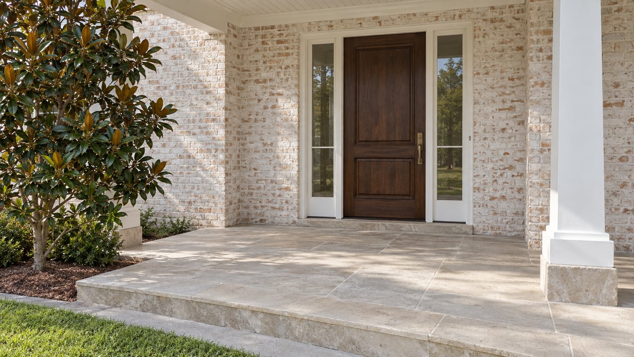 Whitewashed brick home entry with a walnut door, paired glazed sidelights, limestone porch and a compact magnolia.