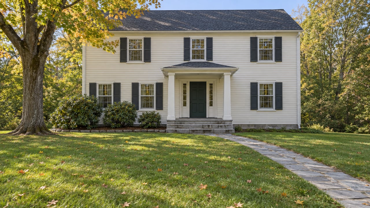 Ivory clapboard home with dark shutters, a granite porch approach, broad lawn and an amber-leaved sugar maple.