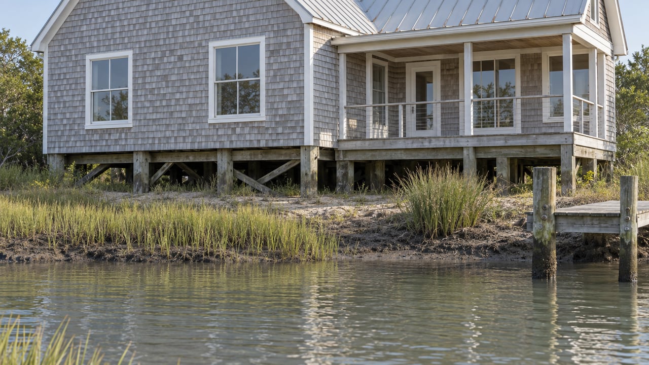 Elevated cedar-shingled house on timber supports above a tidal channel, with a short landing and marsh grass.