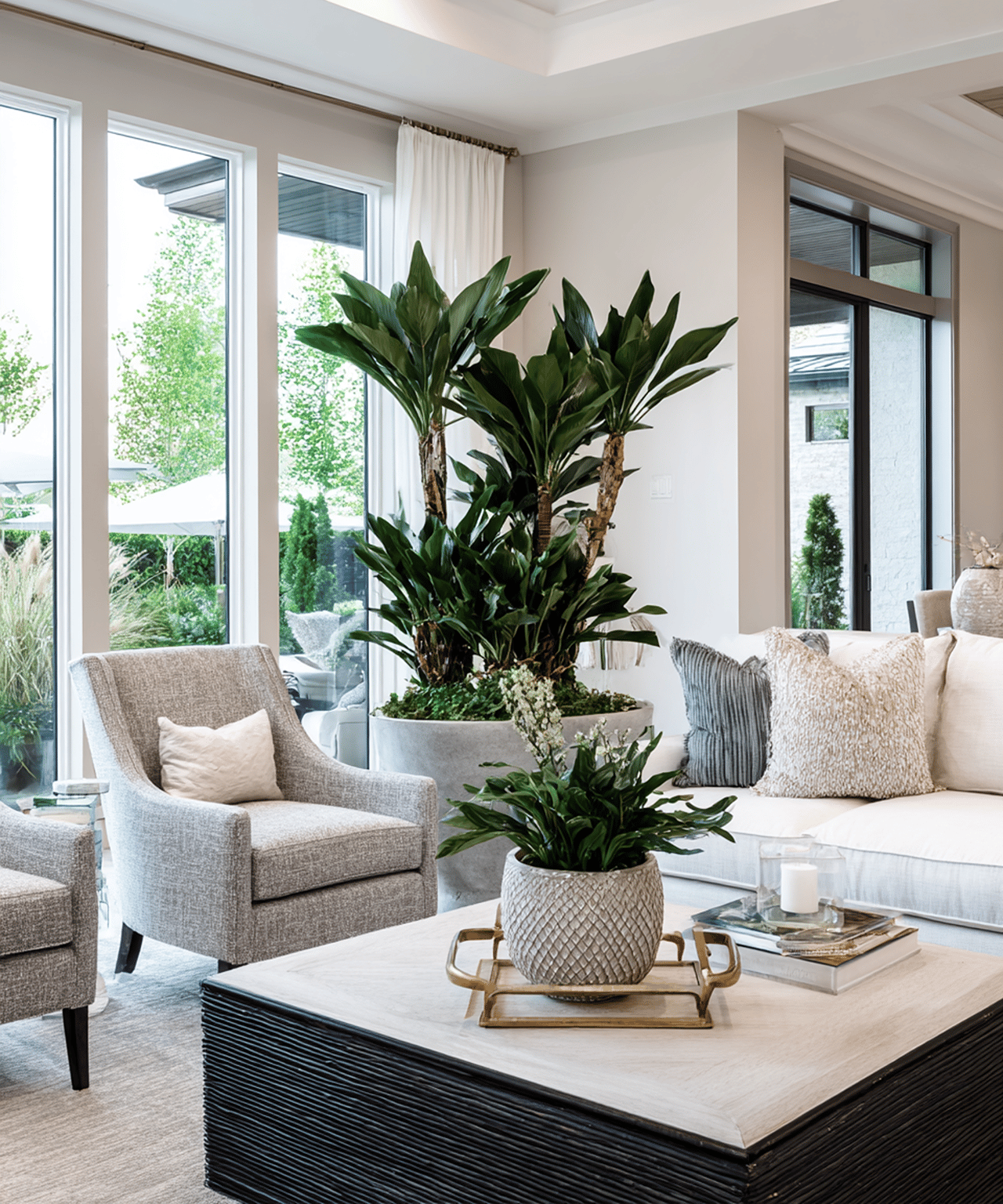 Bright living room with tall windows, a white sofa, gray armchair, and leafy plants.