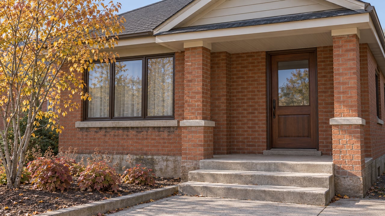 Warm brick bungalow with a sheltered wood entry, broad window, worn concrete steps and autumn serviceberry planting.