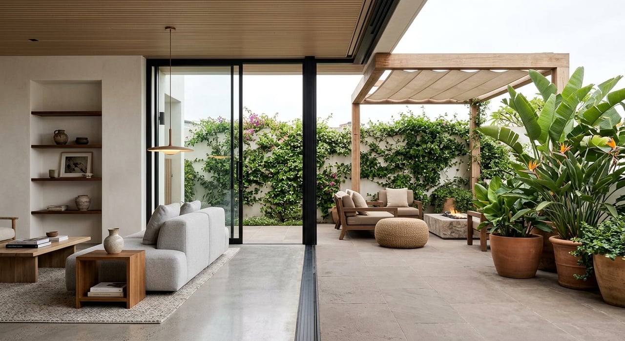 White-oak great room opens through black-framed glass doors to a limestone terrace with teak dining table and olive tree.