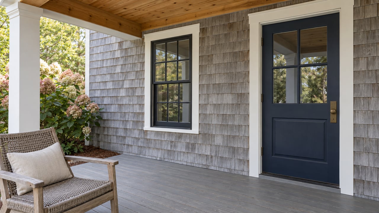 Silver-gray shingle home entrance beneath a warm wood porch ceiling, with a woven chair and faded hydrangea flowers.