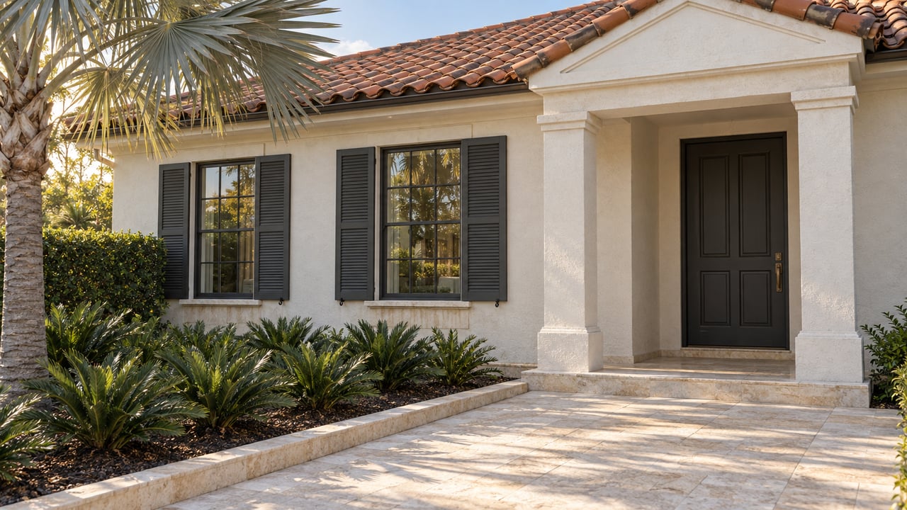 White stucco home with a terracotta roof, charcoal entry door and shutters, limestone walk and silver fan palm.