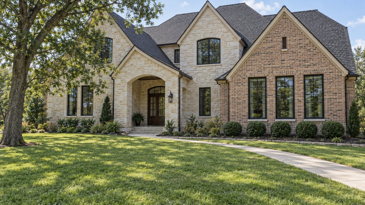 Broad front lawn leading to a substantial brick-and-limestone home with steep dark gables, tall windows, and a mature oak.