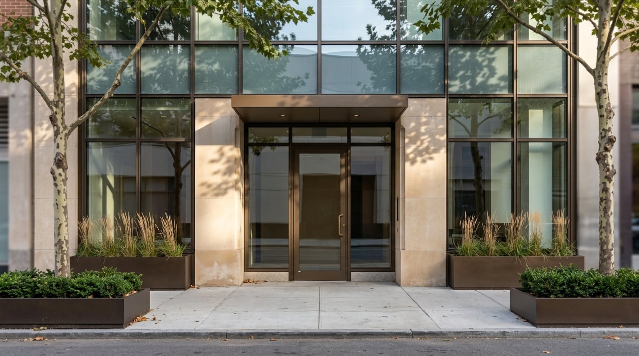 Modern condo entrance with a recessed limestone portal, bronze canopy, planters, and London plane trees.