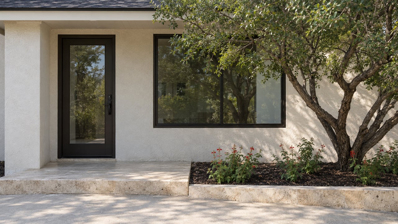 Cream stucco home entry with bronze-framed glazing, a limestone landing, and a mature Texas ebony shading a small planted bed.