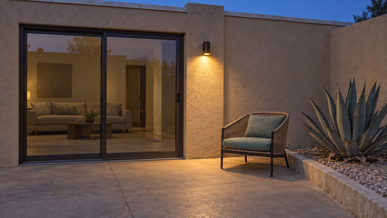 Blue-hour patio beside a sand-colored stucco home, with closed sliding glass doors, a woven chair and a sculptural desert agave.
