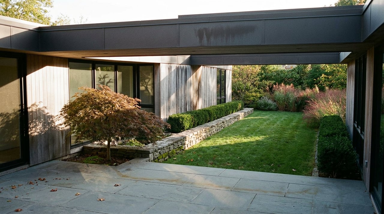 Japanese maple beside a bluestone terrace and sunken lawn, with a cedar-clad wall and black-framed windows.
