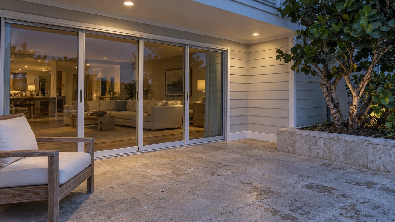 A covered limestone terrace at dusk with a teak lounge chair, closed glass sliding doors, white siding, and a sculptural sea grape tree in a raised stone bed.