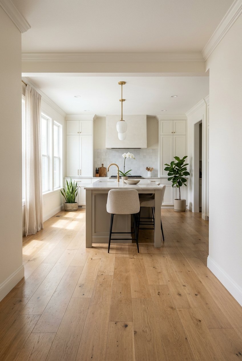 Sunlit hallway beside a kitchen.