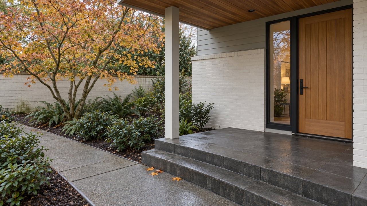 Covered contemporary home entrance with an oak door, painted brick, basalt steps and a rain-fresh garden with autumn vine maple leaves.