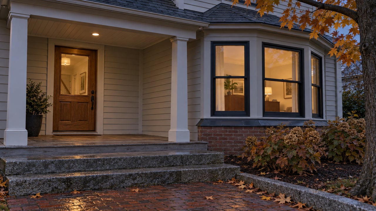 Autumn maple leaves frame a clapboard home's covered entry, granite steps and warmly lit black-framed bay windows at dusk.