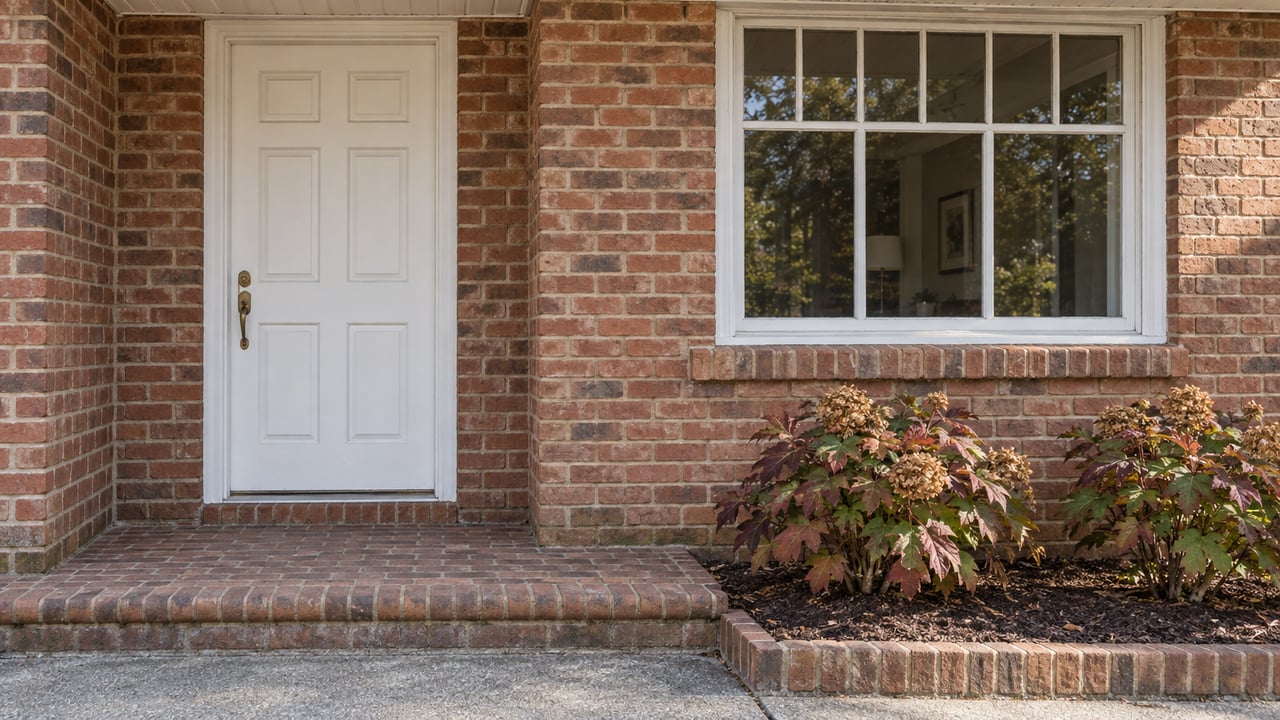 Close view of a brick home's white entry door and multi-pane window above a weathered brick landing, with autumn-colored oakleaf hydrangeas beside the step.