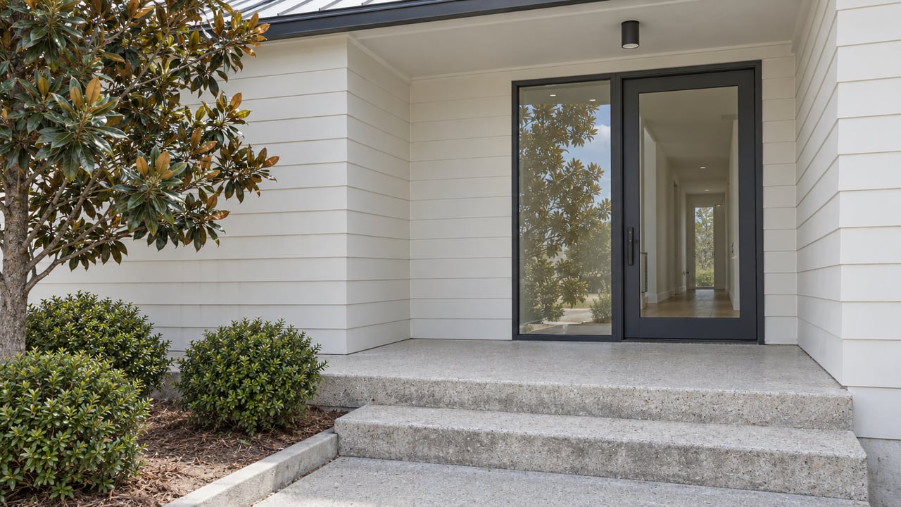 Pale contemporary home entrance with charcoal-framed glazing, shell-aggregate concrete steps and a magnolia beside a bounded planting bed.
