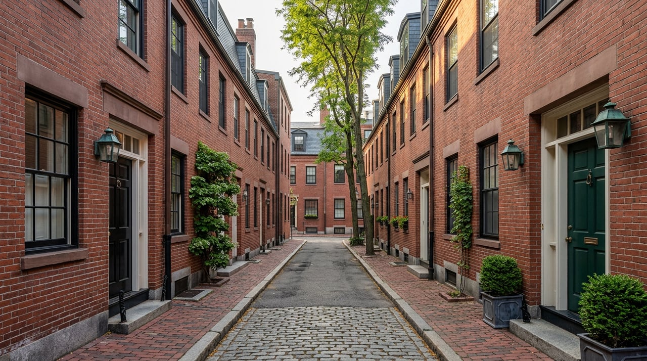 Narrow granite-sett lane between brick rowhouses, with a honey locust tree and the lane bending out of view.