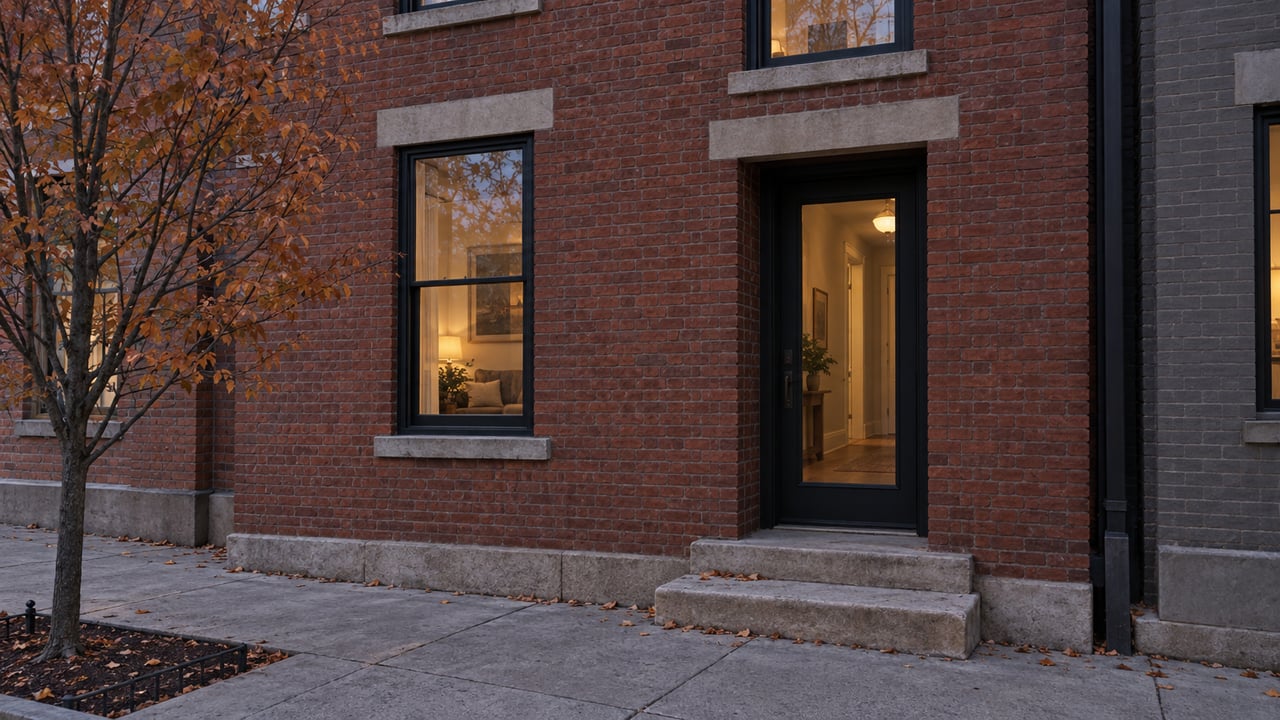 Russet brick townhouse with a recessed glass entry, limestone stoop, and sparse copper leaves on a small tree.