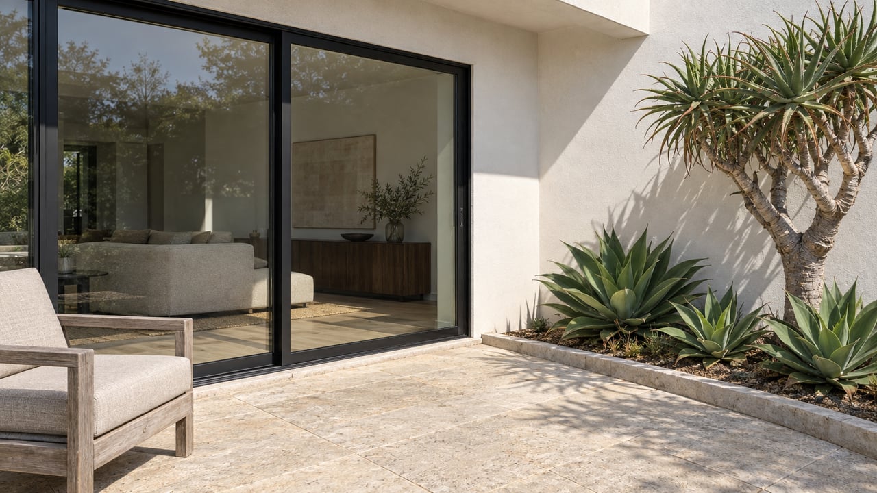 Sunlit limestone terrace beside a white stucco home with black-framed glass doors, a weathered teak chair and sculptural aloe planting.
