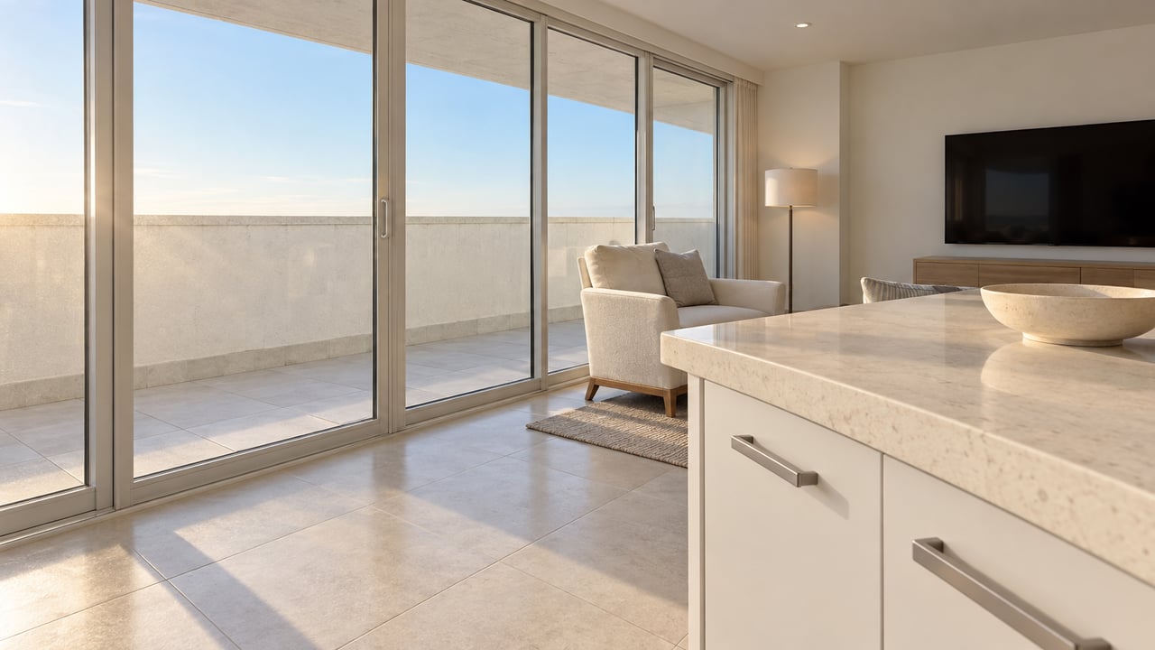 Sunlit condominium interior with an ivory quartz island, white cabinetry, a linen lounge chair and closed glass sliders overlooking a private balcony.