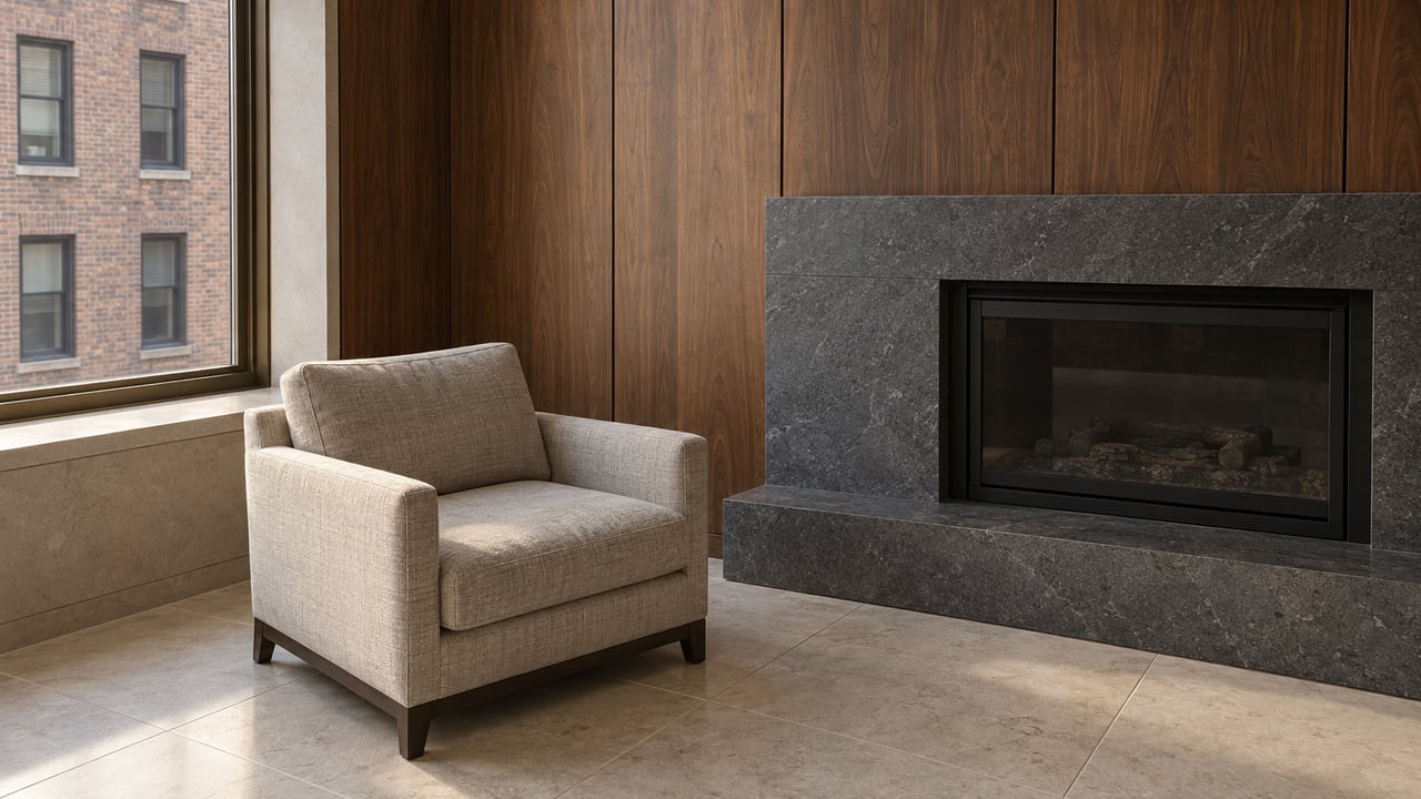 Walnut-paneled apartment living room with a charcoal stone fireplace, limestone floor and one upholstered chair beside a closed tall window.