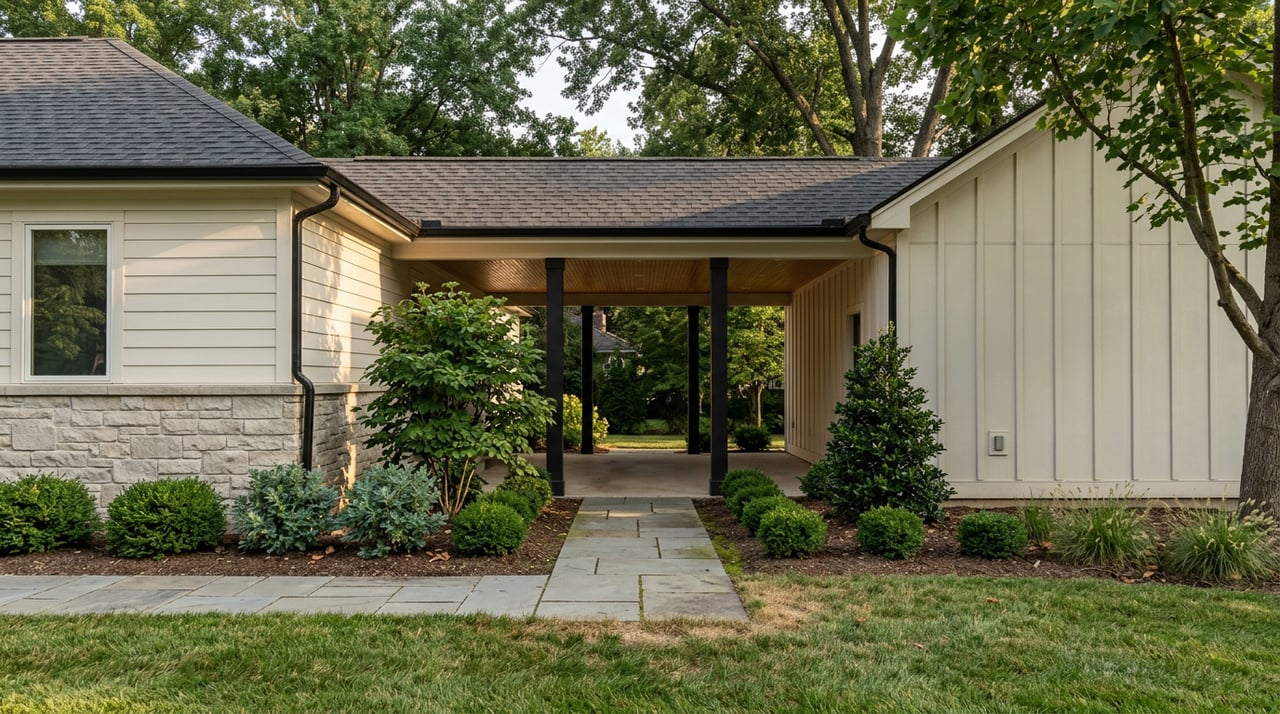Covered breezeway between a stone-and-siding house and garage, with a bluestone path and clipped shrubs.