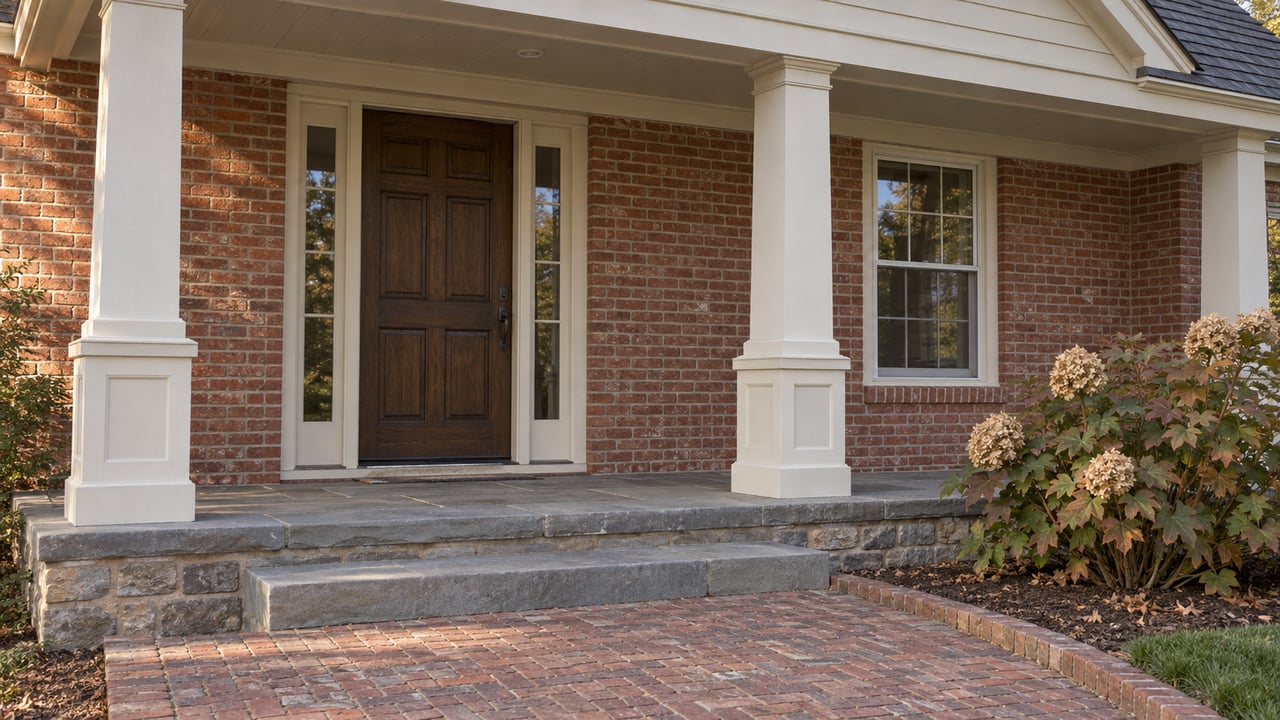Brick home entrance with white porch columns, stone steps, and a brick walkway.