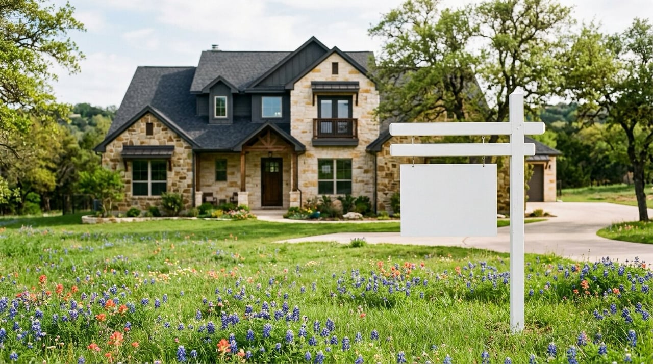 Blank yard sign in front of a stone two-story home with spring wildflowers, selling a house in Leander, TX