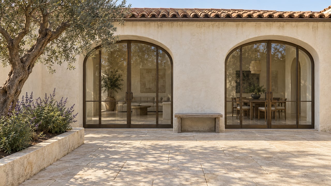 Sunlit limestone courtyard with two glazed stucco arches, a weathered teak bench, and an olive tree in a raised planting bed.