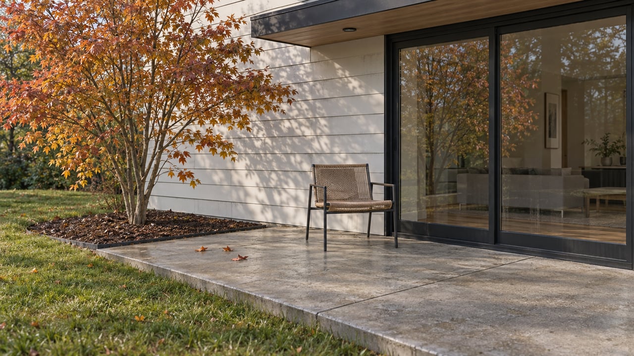 Autumn maple beside a concrete terrace and a light-sided home with black-framed sliding glass doors.