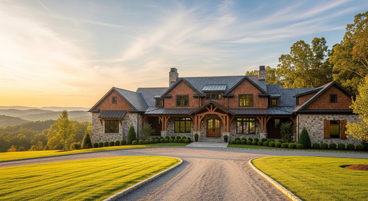 Large timber-and-stone lodge with a curved driveway and striped lawns at sunset.