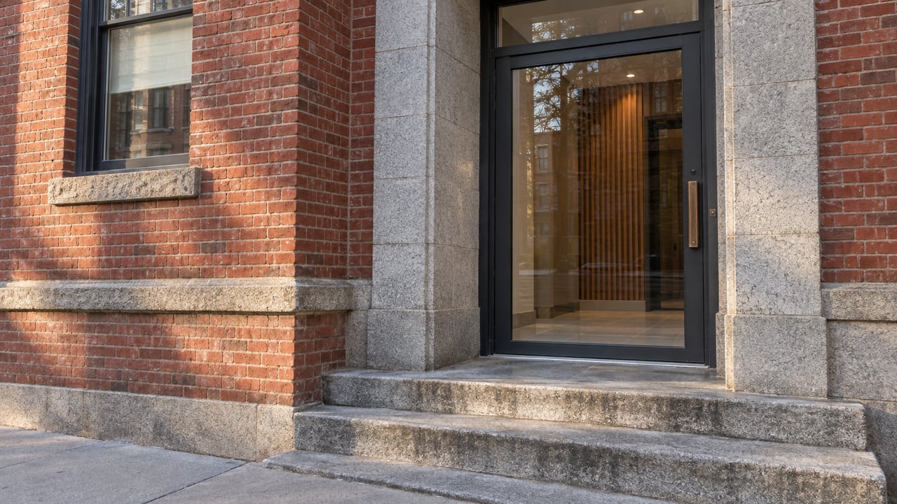 Morning light grazes a red-brick residential entrance with a granite surround, glazed charcoal door, and worn granite steps.