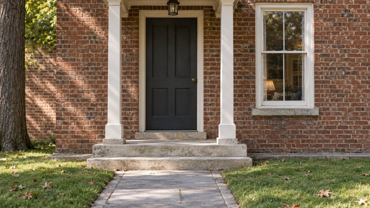 Older brick house entrance with a charcoal paneled door, tall sash window, limestone steps, and oak canopy.
