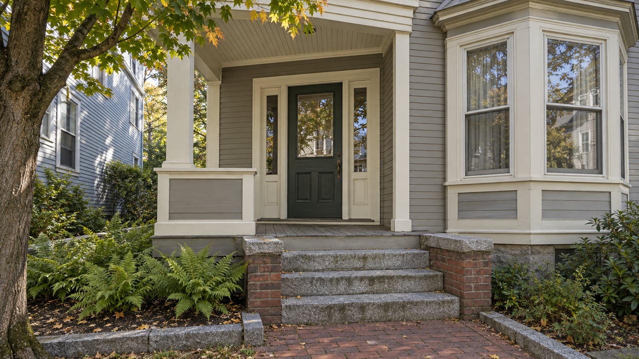 A painted wood house entry with paired sidelights, granite steps, a three-sided bay window and autumn maple branches.
