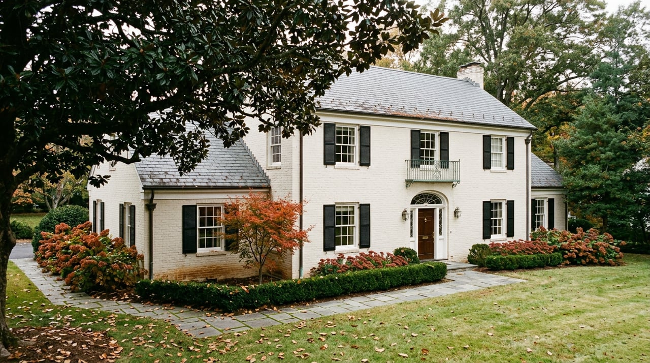 Two-story white-brick house with black shutters, framed by a magnolia and autumn-colored garden beds.