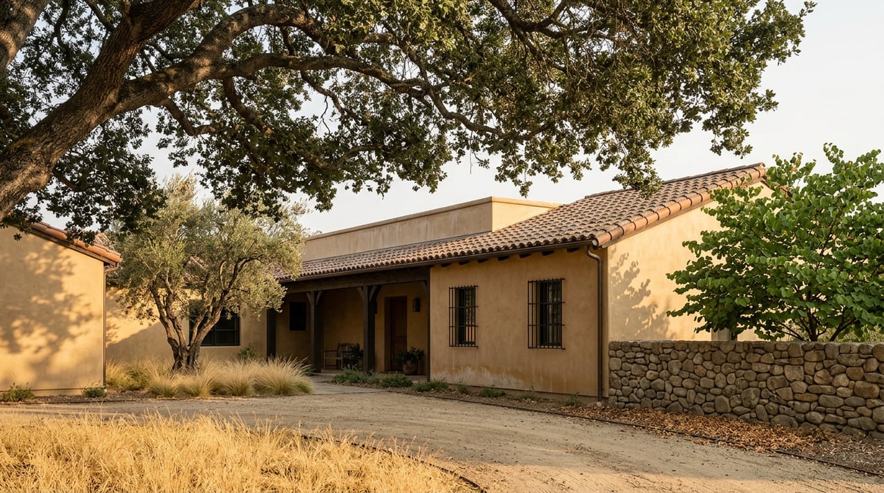 Ochre stucco ranch home with a timber breezeway beneath a broad oak, beyond golden grass and a curving gravel drive.