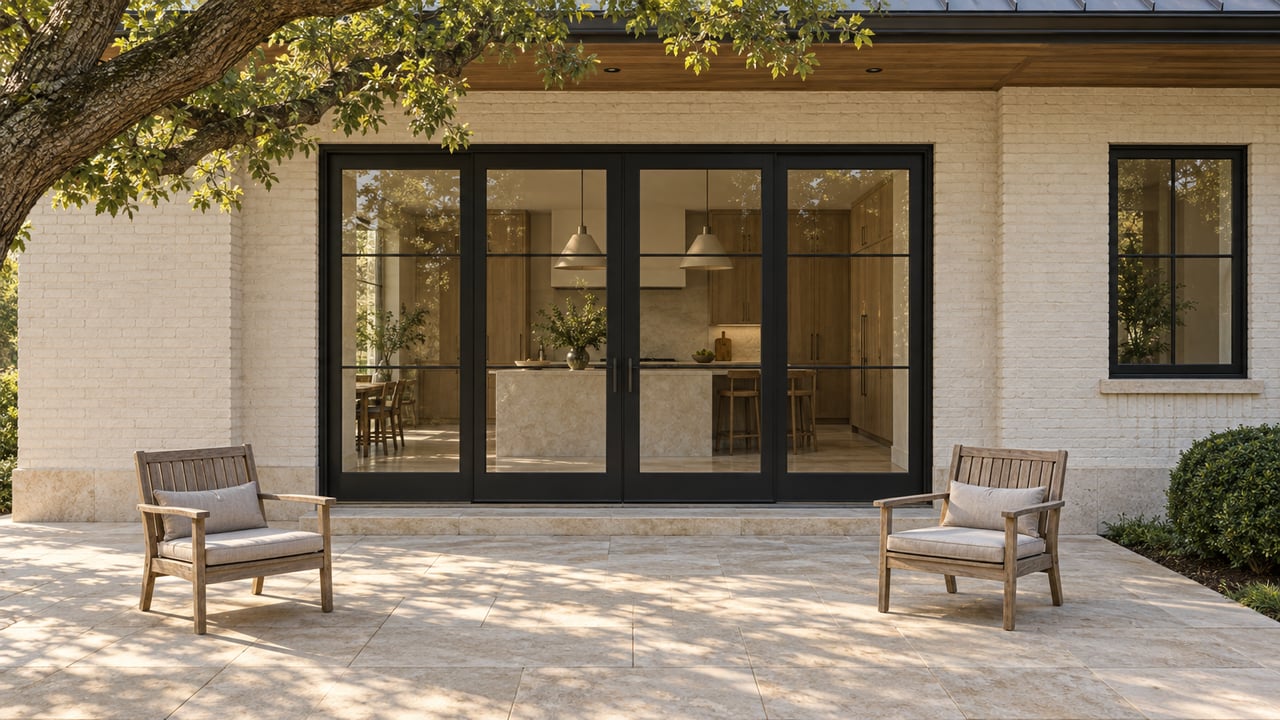Pale limestone terrace with two teak chairs facing a brick house’s black-framed glass doors beneath a live oak canopy.