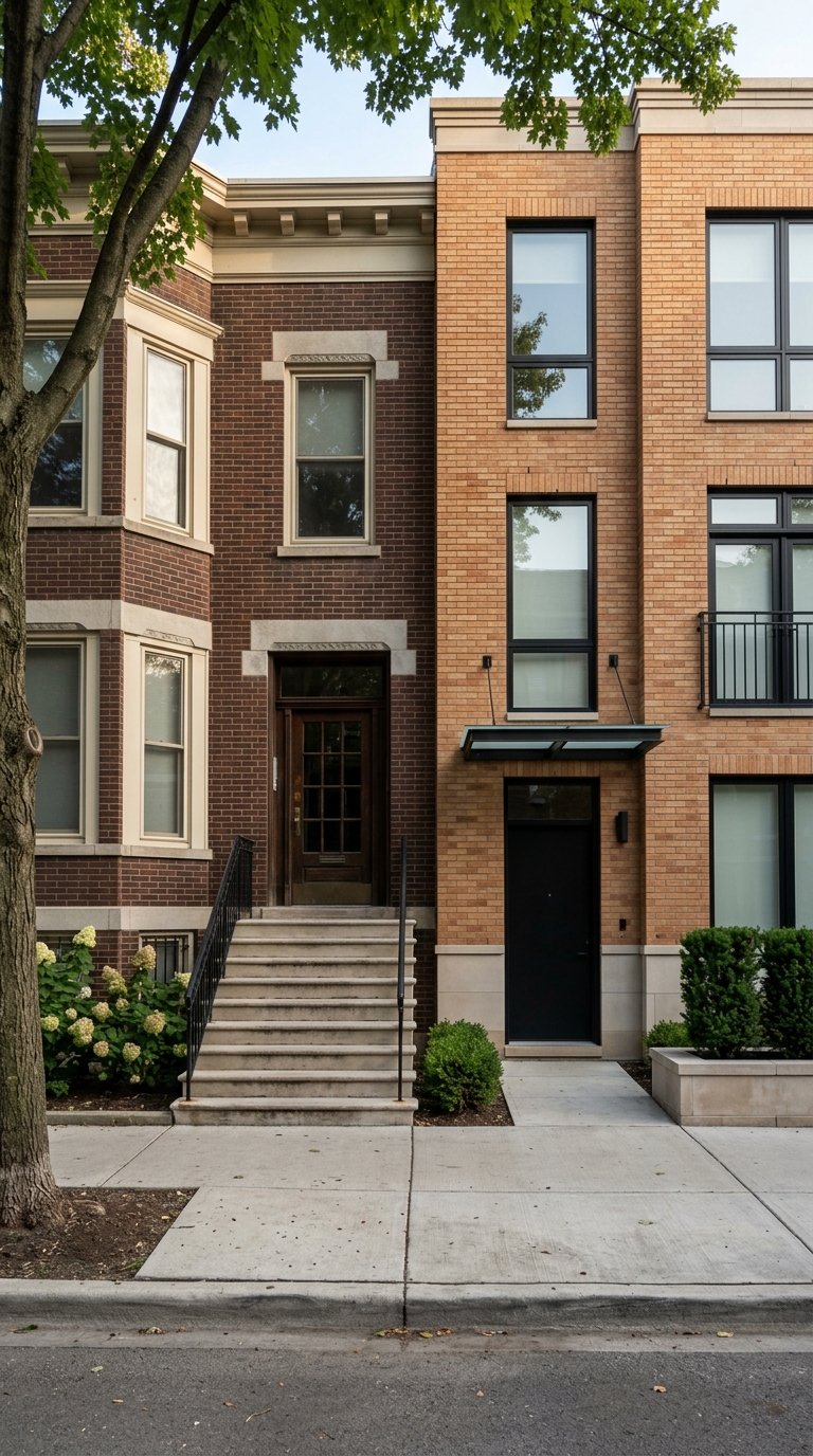 Vintage brick walk-up beside a new limestone building with black windows beneath trees.