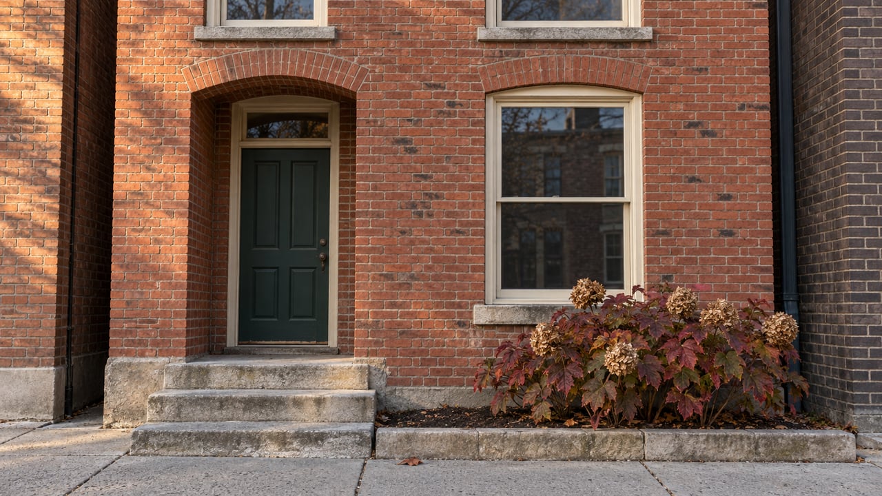 Warm afternoon light grazes a brick home's green door, limestone steps, and tall window beside an oakleaf hydrangea in autumn color.