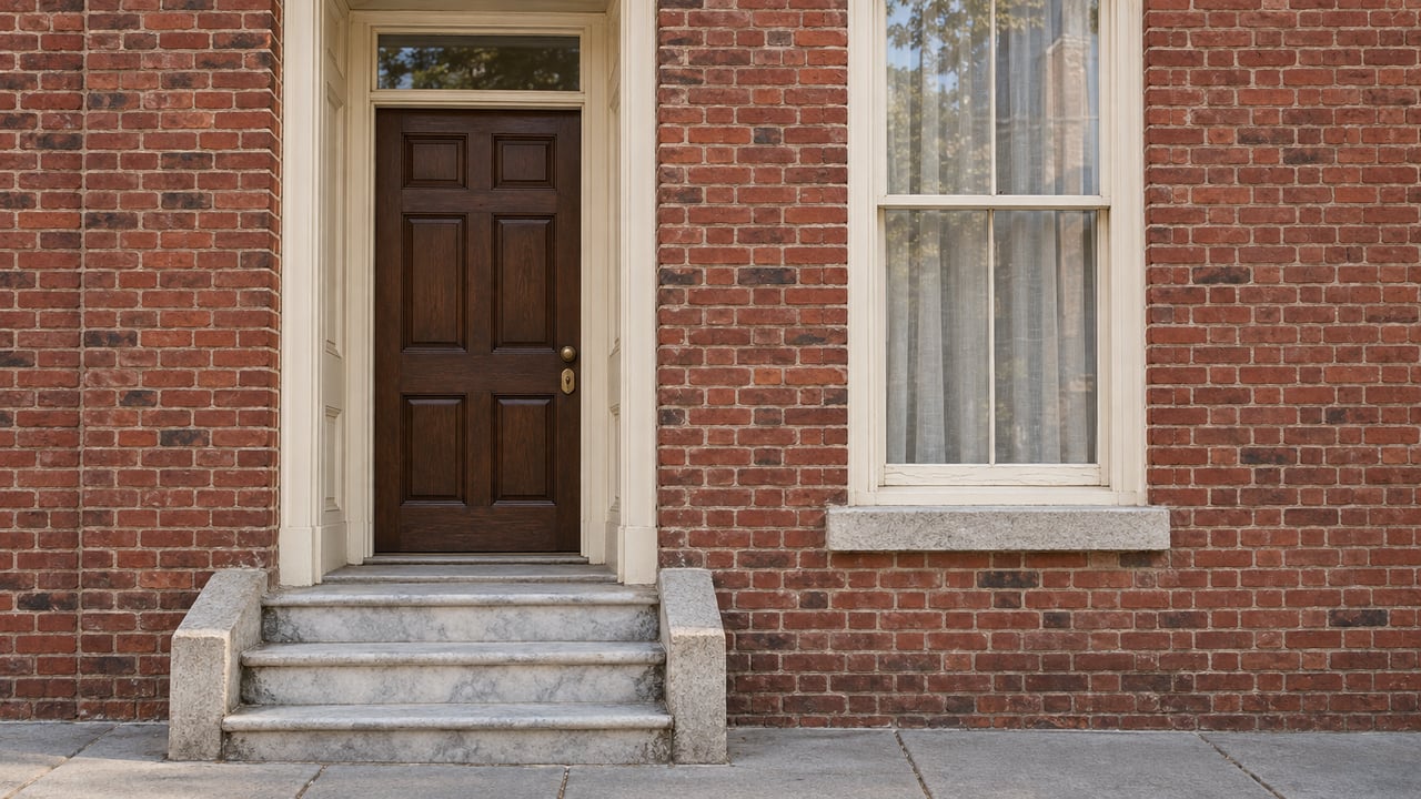 Morning light across an aged red brick rowhouse, walnut entrance door, tall sash window and worn pale marble steps.