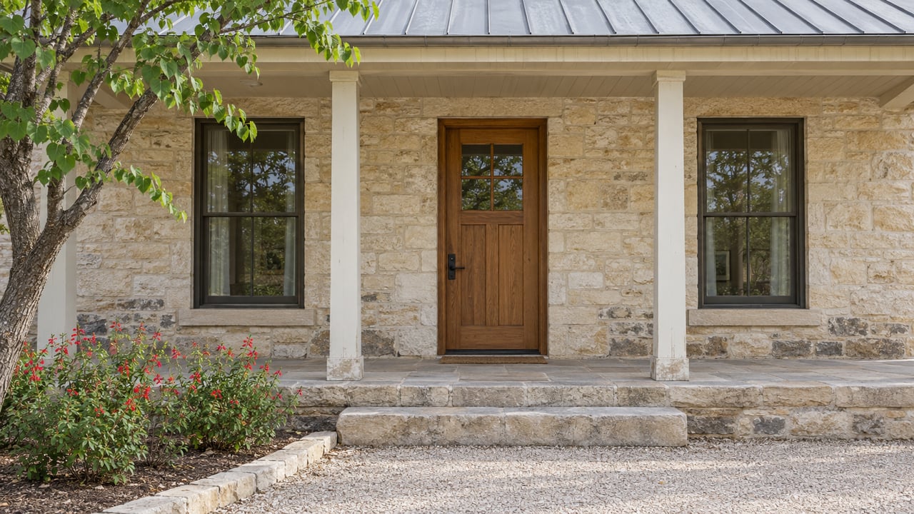 Weathered limestone home with a covered porch, timber door, tall windows and a curbed redbud planting bed.