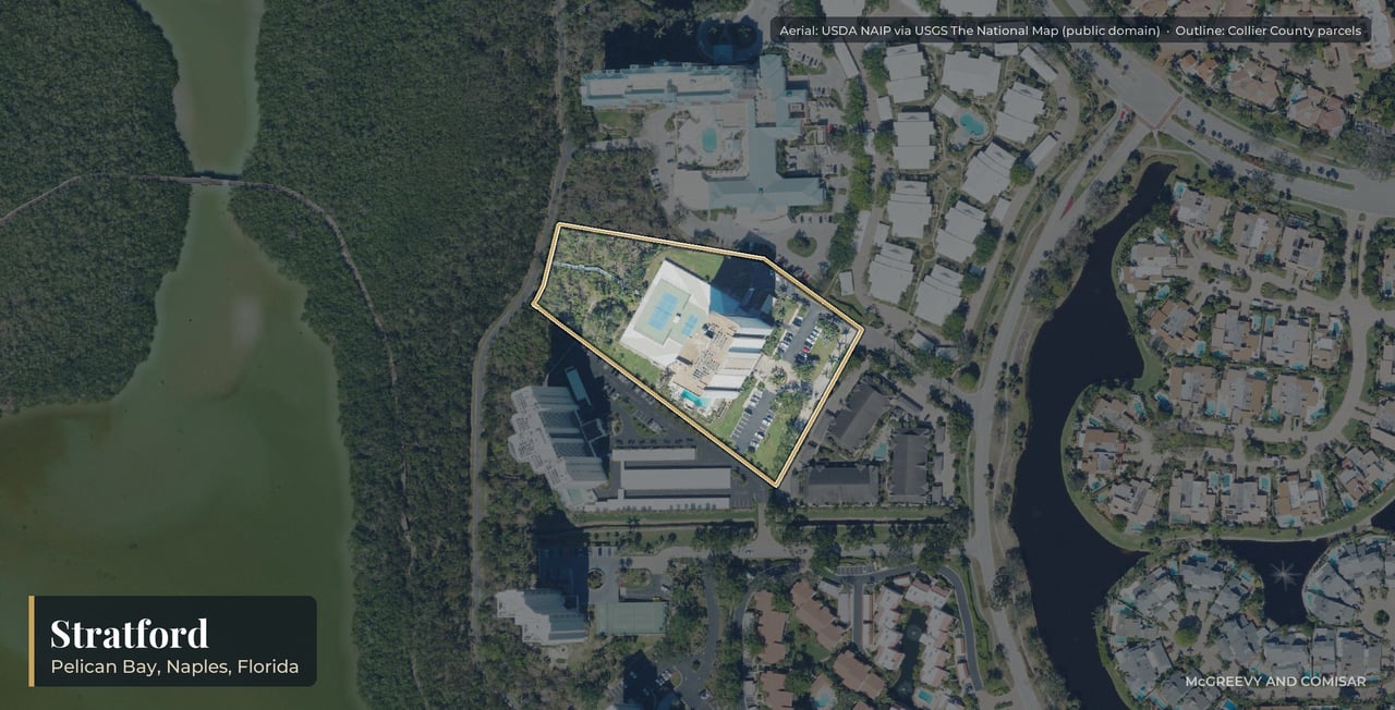 Aerial view of Stratford at Pelican Bay, Naples, Florida, with its parcels outlined