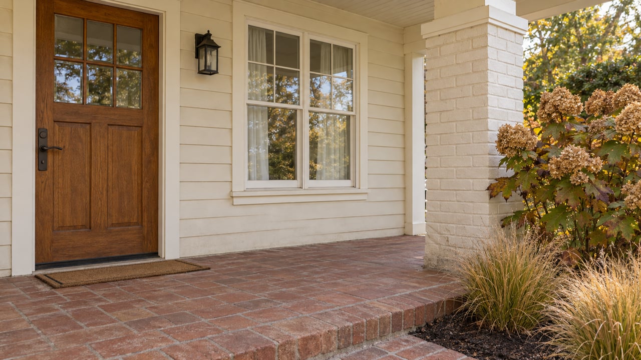 Covered porch with an oak entry door, cream siding, painted brick pier, red clay paving, and autumn hydrangea beside golden prairie dropseed.
