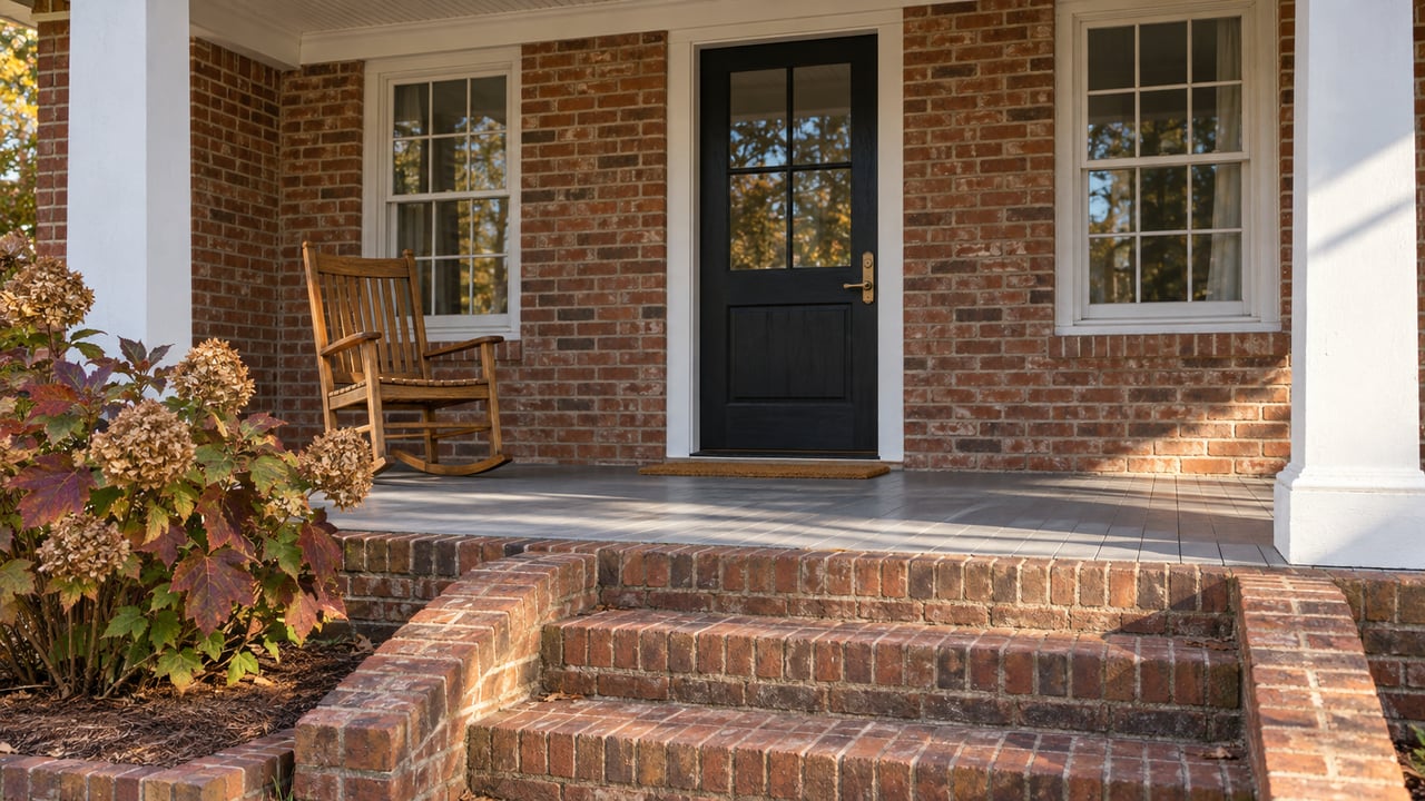 Red-brown brick home entry with a covered timber porch, an oak rocking chair, and oakleaf hydrangea beside worn brick steps.