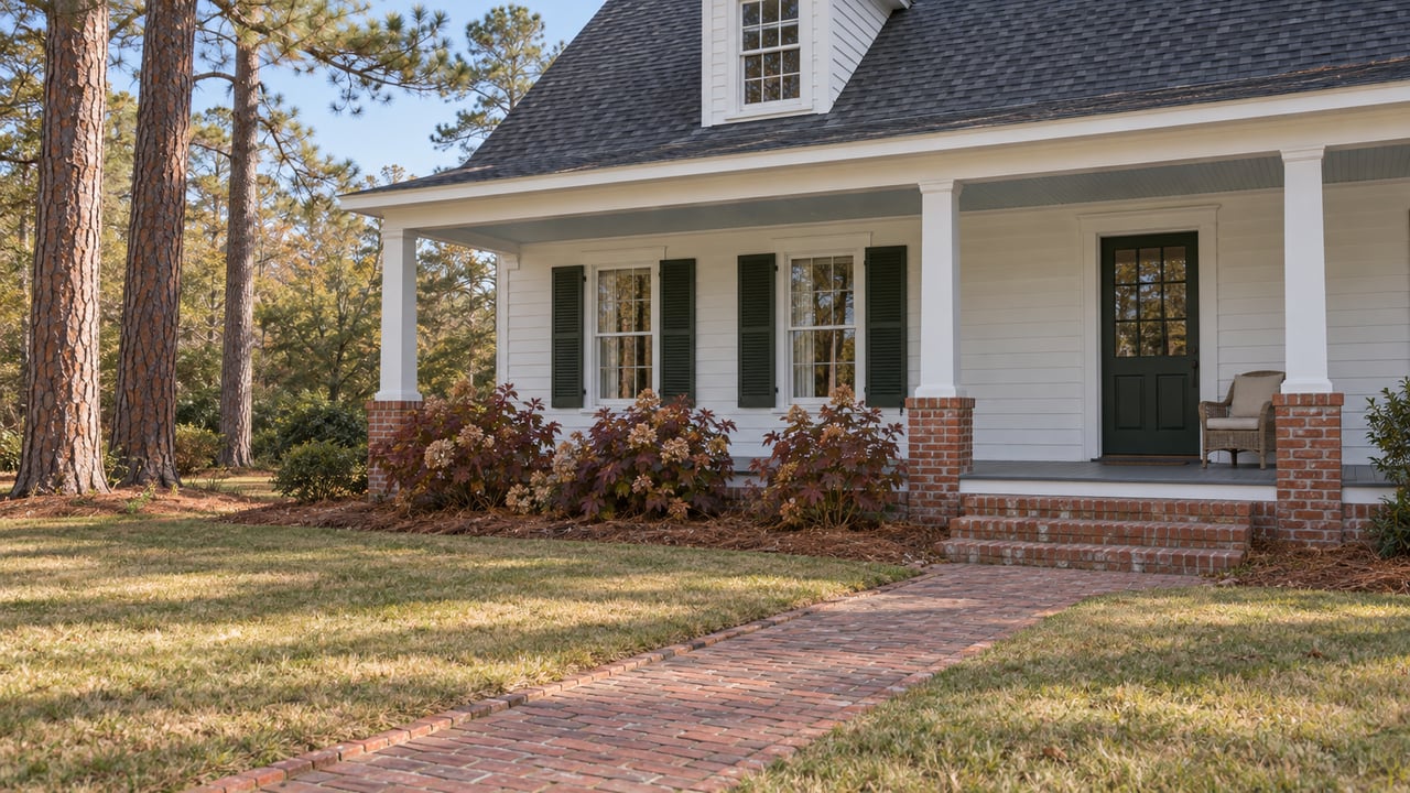 White clapboard home with a covered porch, brick approach, broad autumn lawn and mature longleaf pines.