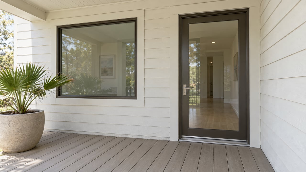 Covered entry with warm-white siding, bronze-framed glazing, silver-taupe decking, and one potted dwarf palmetto.