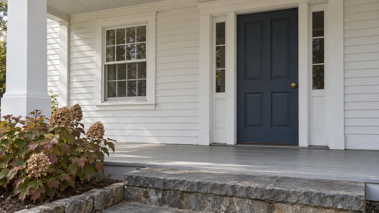 Warm-white clapboard home entry with a navy door, glazed sidelights, weathered bluestone step and autumn oakleaf hydrangea.