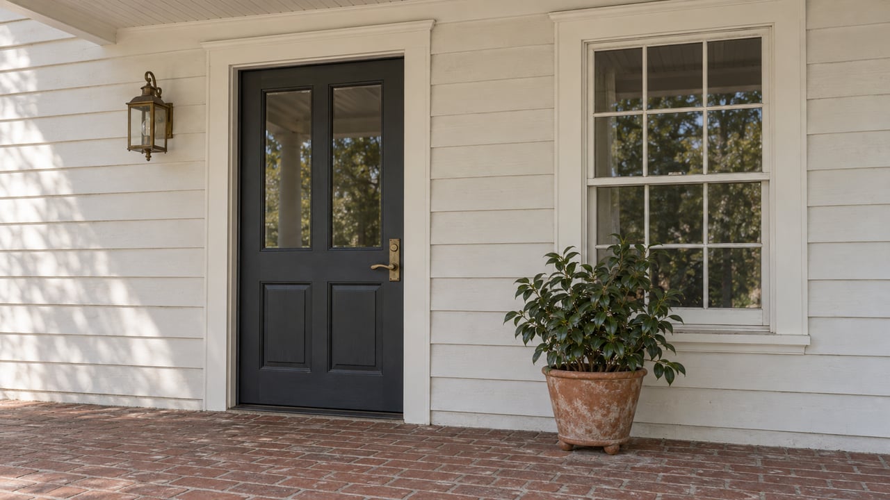 A shaded porch with white wood siding, a charcoal paneled entry door, brass lantern, worn brick paving and a potted camellia beneath a sash window.